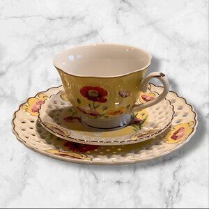 Grace Teaware Poppy Floral Cup & Lattice Saucer Set With Salad Plate 3pc Set